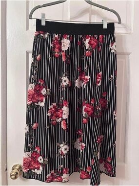 LuLaRoe Black Striped Midi Skirt with Red and White Floral